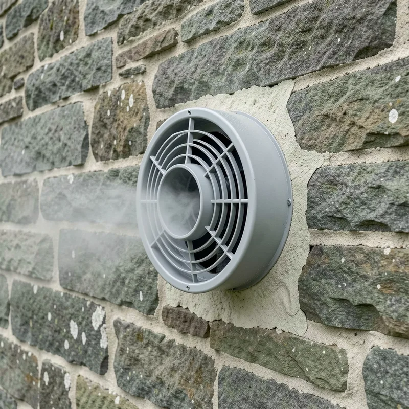 Conduit d&rsquo;évacuation ventouse d&rsquo;une chaudière traversant un mur en pierre