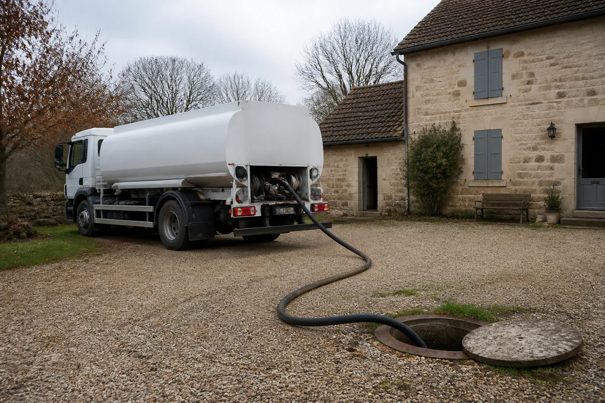 Camion de livraison de fioul stationné devant une maison en pierre à la campagne