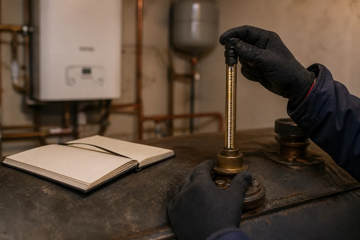 Jauge mécanique d&rsquo;une cuve à fioul relevée à la main dans une chaufferie domestique