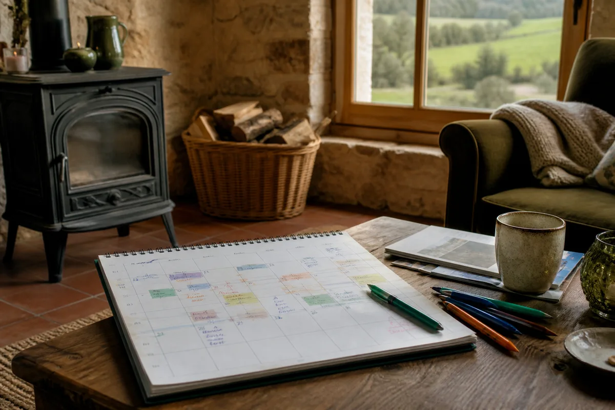 Calendrier de travaux de rénovation énergétique annoté au printemps