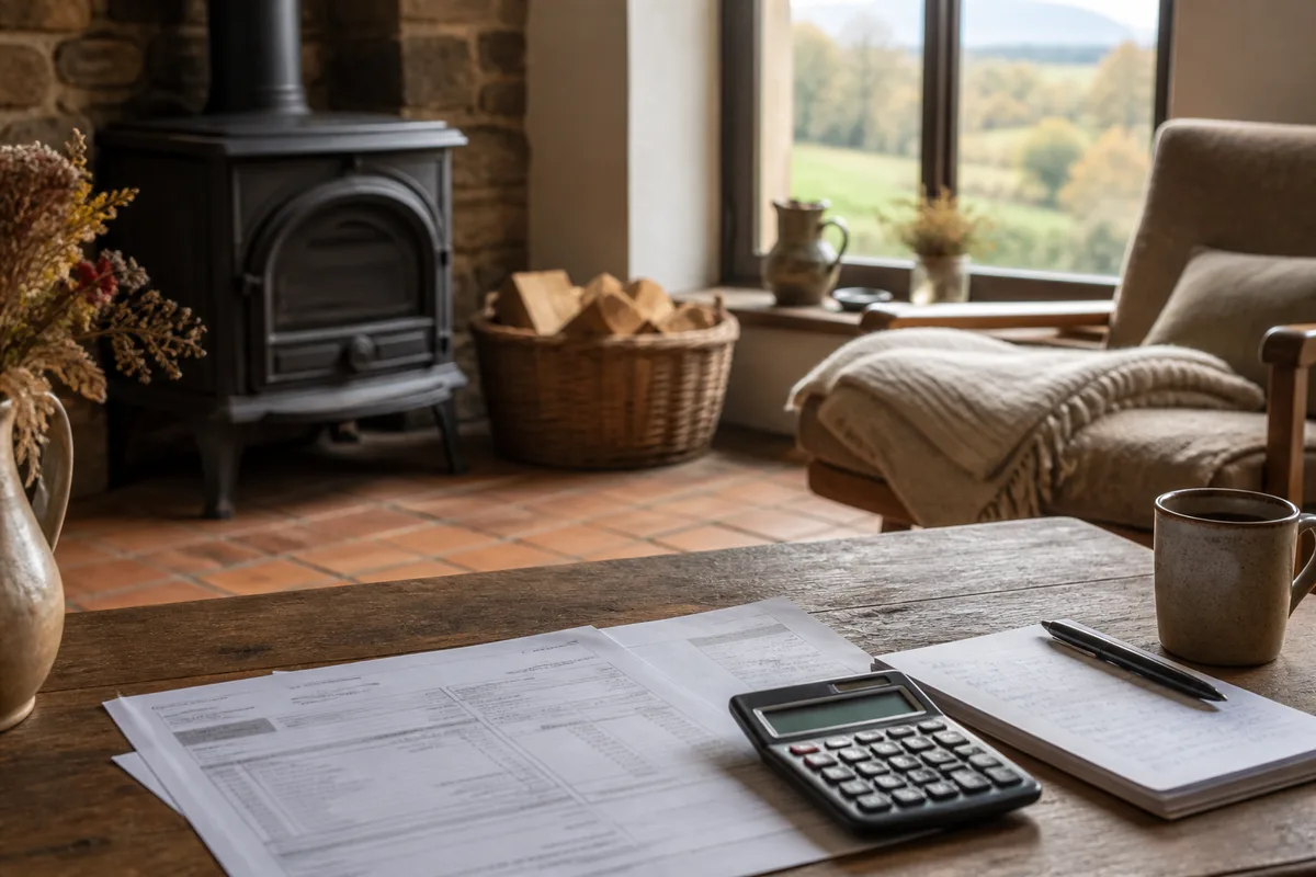 Devis de chauffage posé sur une table avec calculatrice et notes manuscrites
