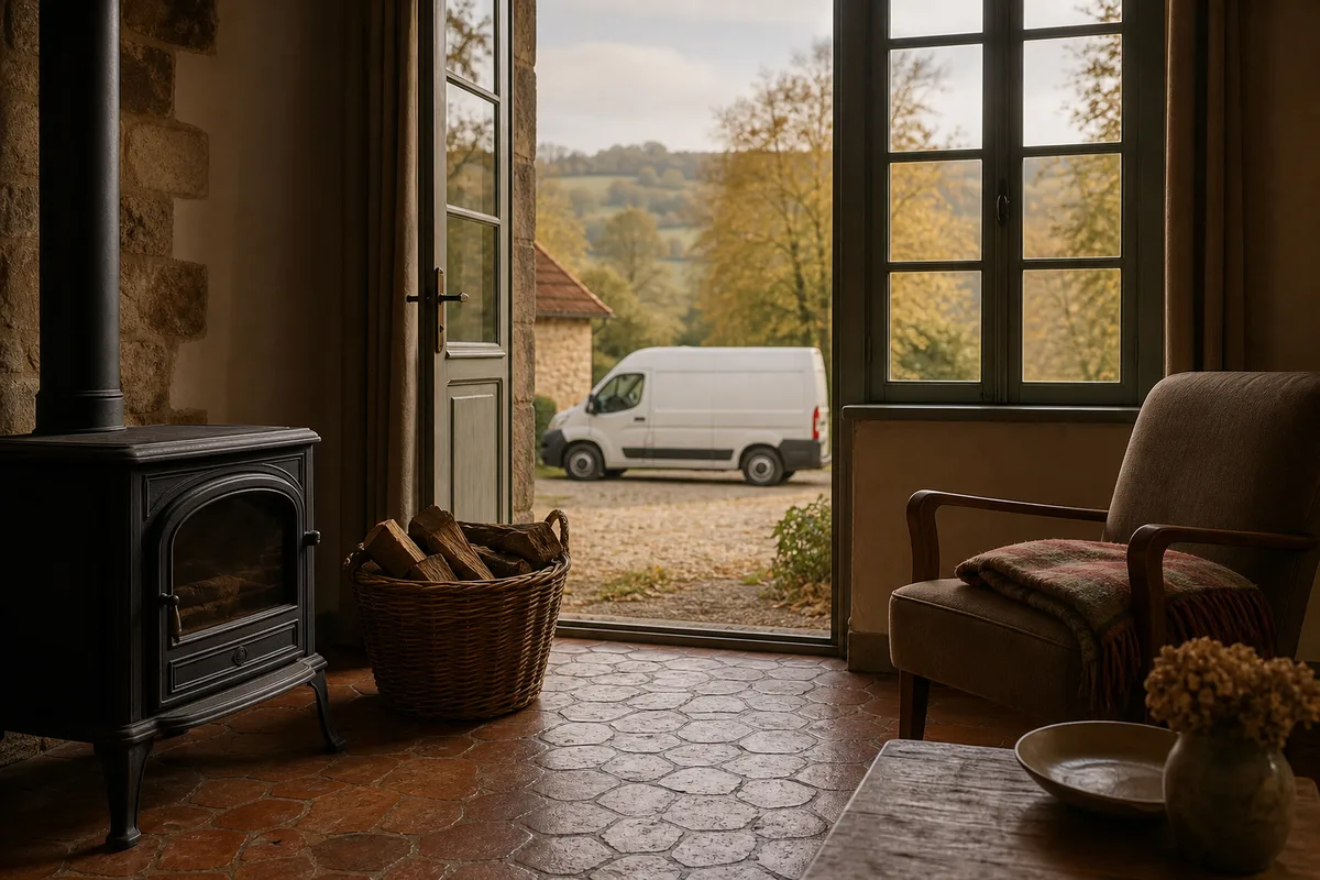 Fourgon d’artisan chauffagiste stationné devant une maison de campagne en Haute-Vienne