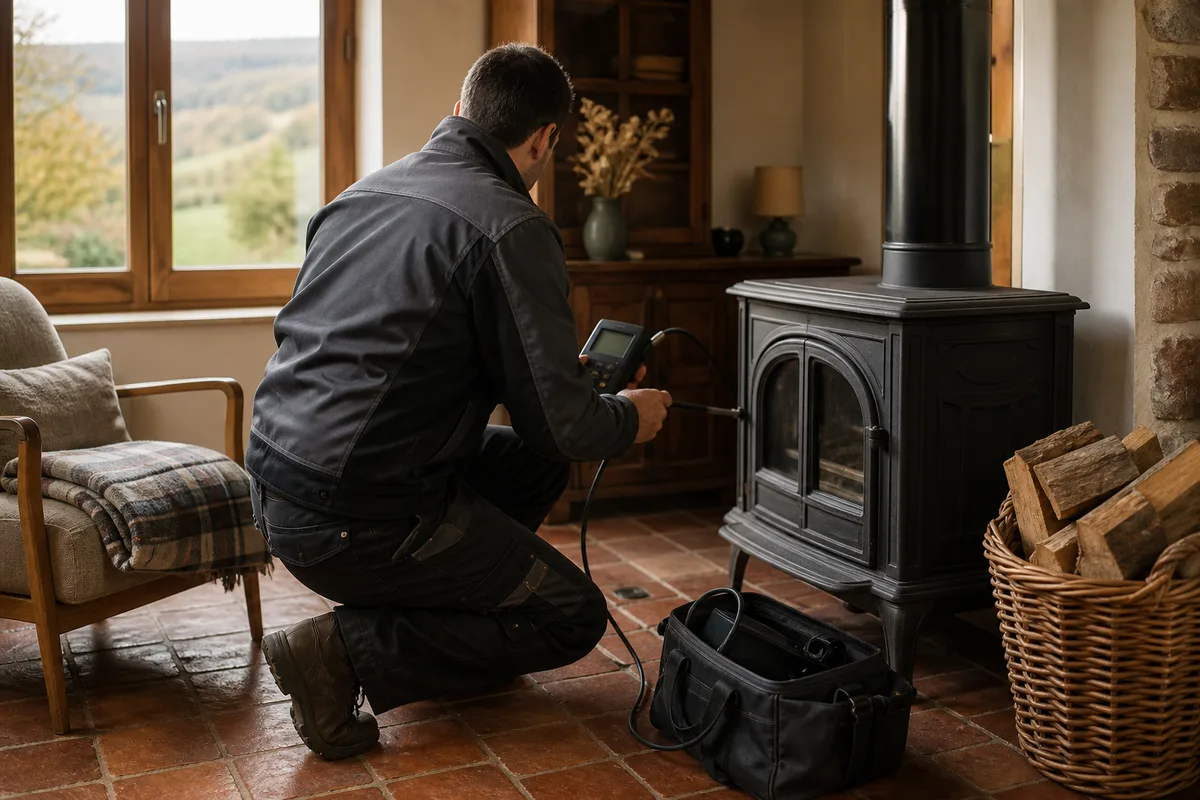 Chauffagiste posant son analyseur de combustion lors d&rsquo;une intervention de dépannage