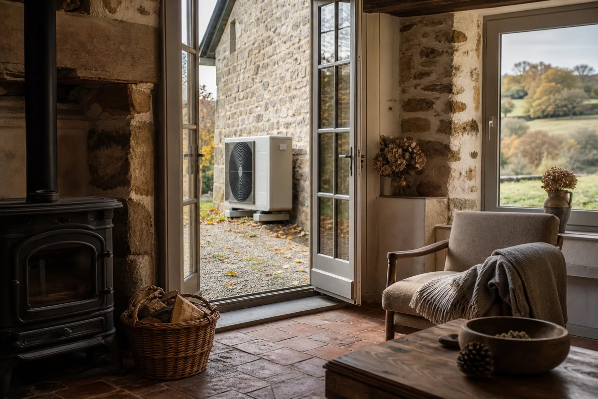 Unité extérieure de pompe à chaleur installée le long d&rsquo;une maison en pierre du Limousin