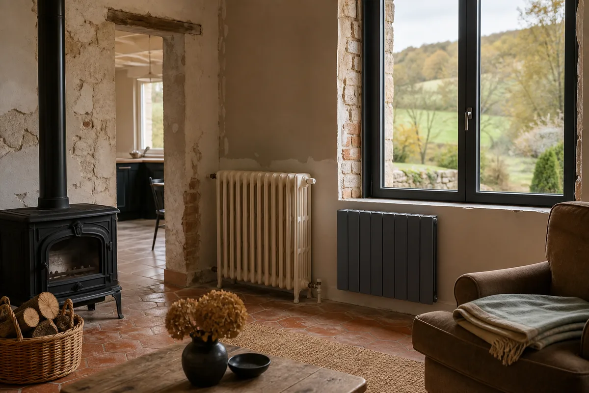 Radiateur en fonte ancien et radiateur acier moderne dans une pièce en rénovation