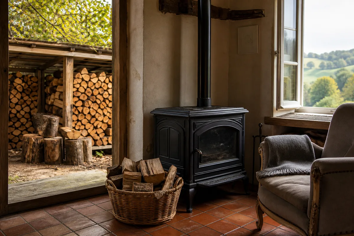 Abri à bois ventilé abritant des bûches en cours de séchage à la fin de l&rsquo;été